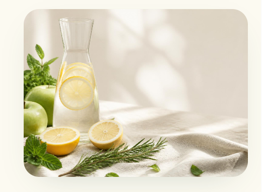 Água com limão, maçãs verdes e ervas frescas